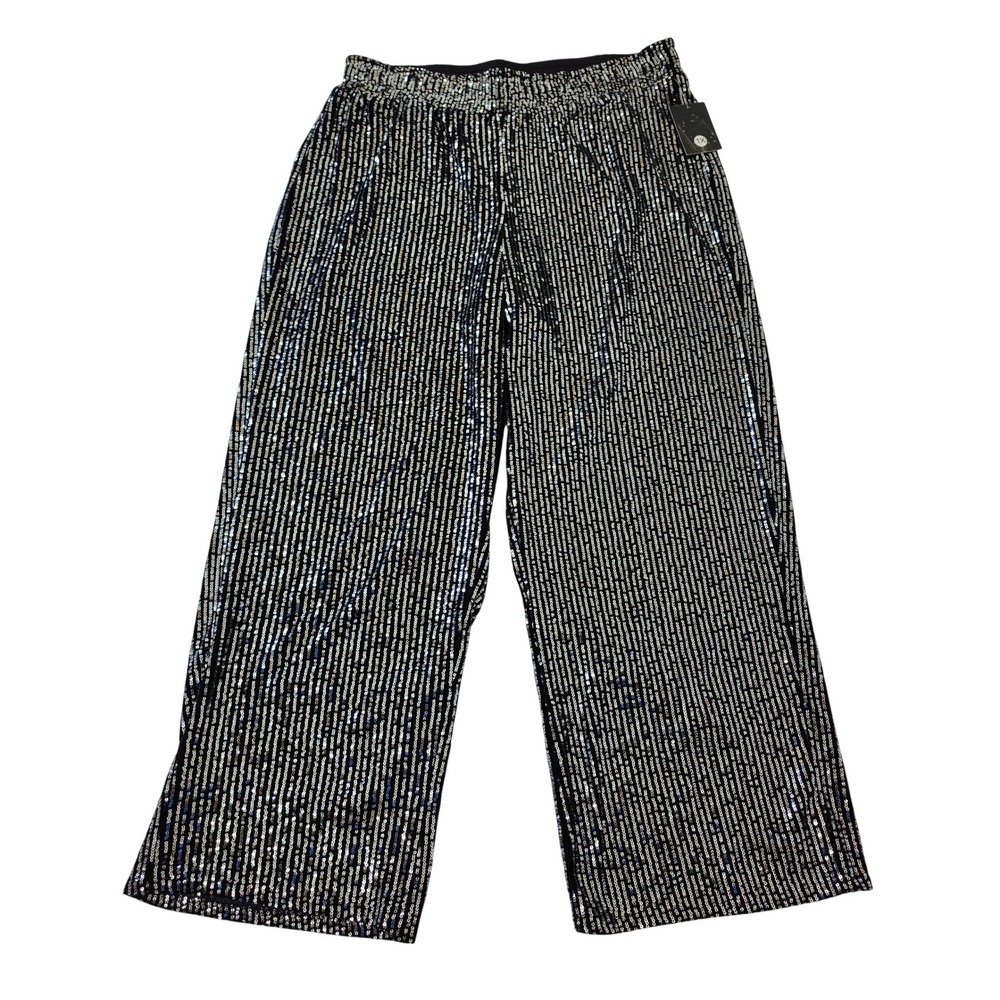 Messini Woman Sequin Wide Leg Pants Silver Black Striped Party Trousers 1X NWT